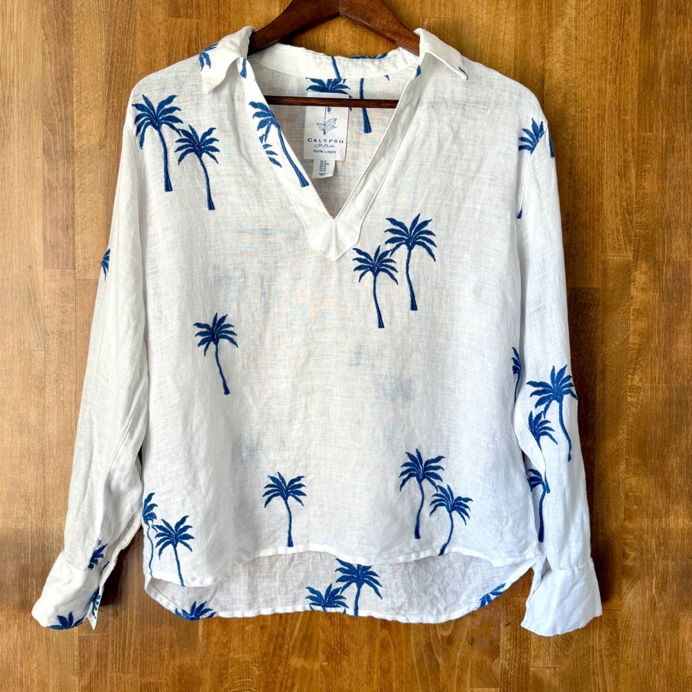Calypso St Barth White Blue Embroidered Palm Tree 100% Linen Tunic Top Womens M